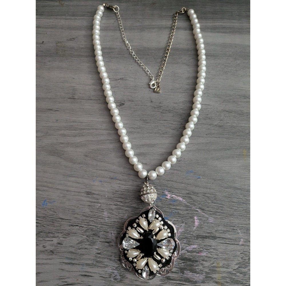 Madewell Faux Pearl Statement Necklace Black Rhinestone Filigree Pendant Silver